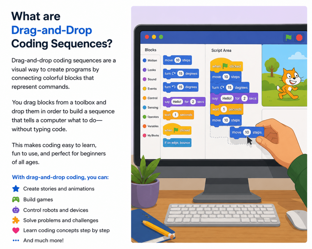 coding for kids teach drag and drop coding sequences